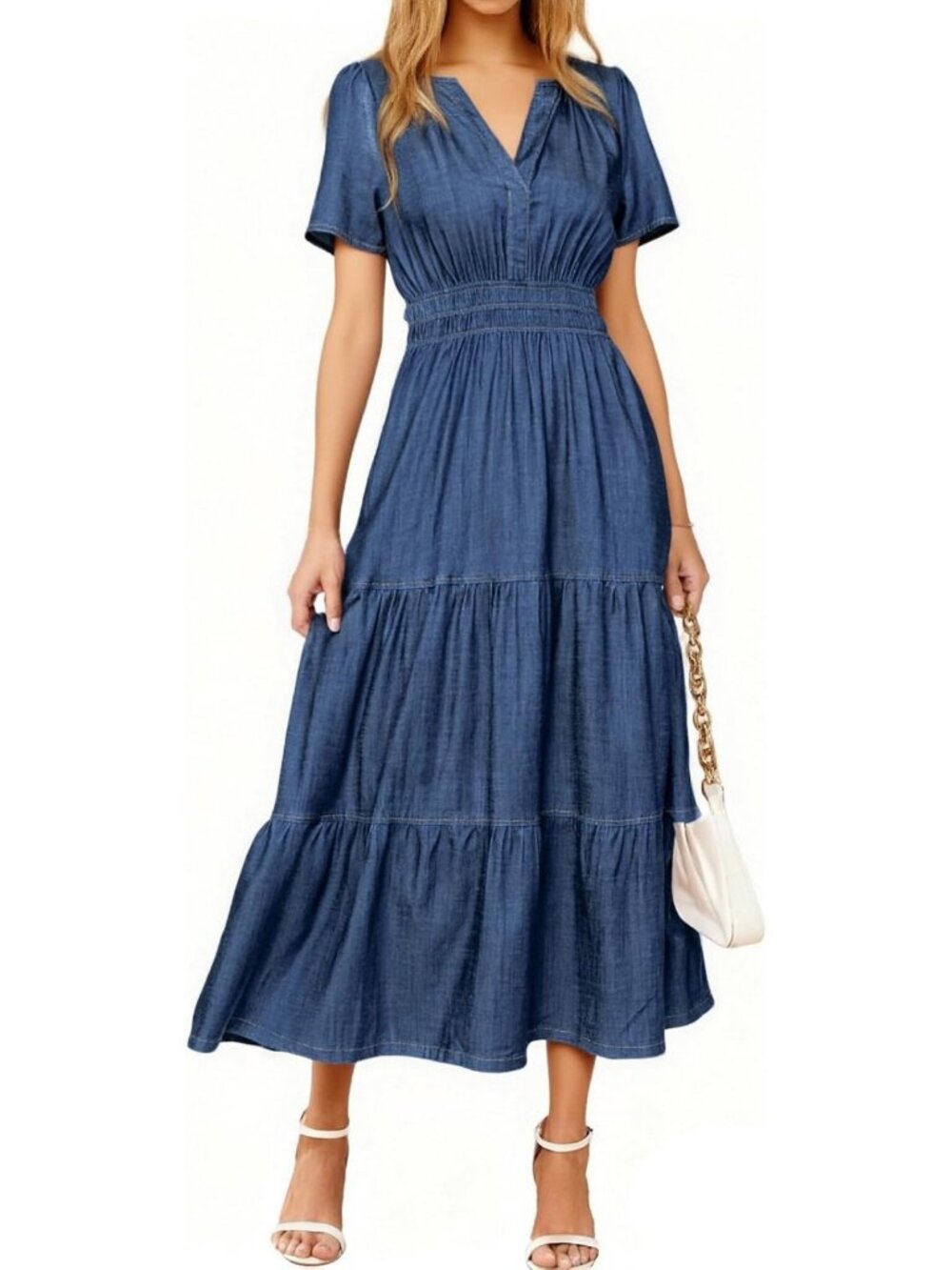 Boho Summer Denim Maxi Dress - Casual Short Sleeve V-Neck, Empire Waist, Pockets